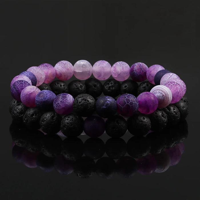 1 Set Purple Weathered Stone And Lava Stone Couple Bracelets On Sale