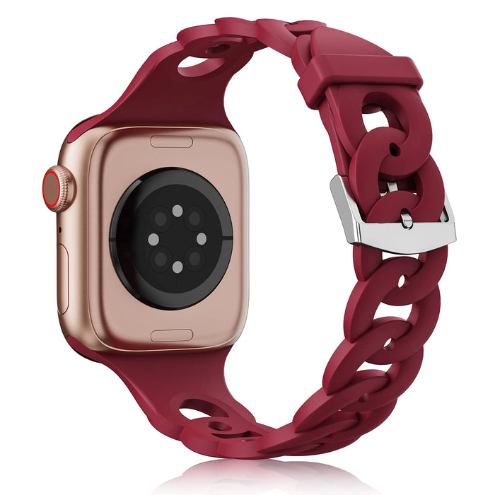Wine Red O-Ring Silicone Chain Link Bracelets For Apple Watch Band 38mm, 40mm, 41mm, 42mm, 44mm, 45mm, 46mm, 49mm On Sale