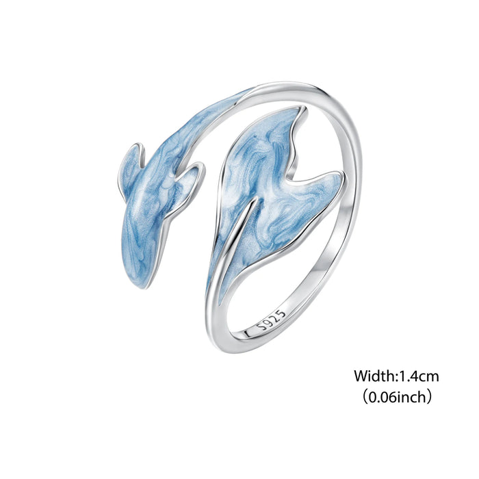 925 Sterling Silver White Gold Plated Enamel Whale Adjustable Ring On Sale