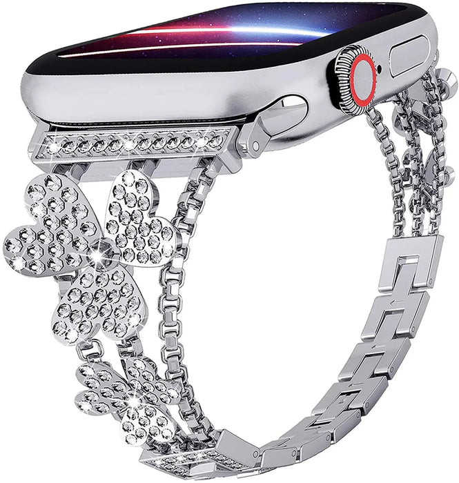 Silver Cloverleaf Diamond Women Stainless Steel Apple Watch Bracelet For Ultra, 49mm, 46mm, 45mm, 44mm, 42mm, 41mm, 40mm, 38mm On Sale