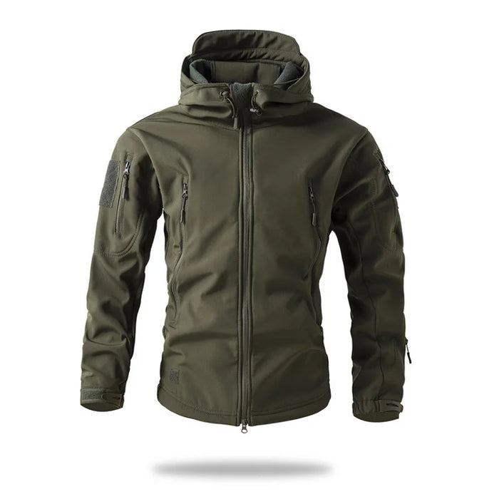 Army Green Men’s Waterproof Softshell Jacket with Fleece Lining – Hooded Outdoor Coat On Sale