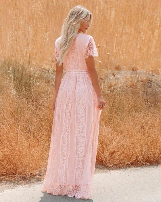 Bohemian Style Deep-V Short Sleeves Floral Lace Maxi Dress On Sale