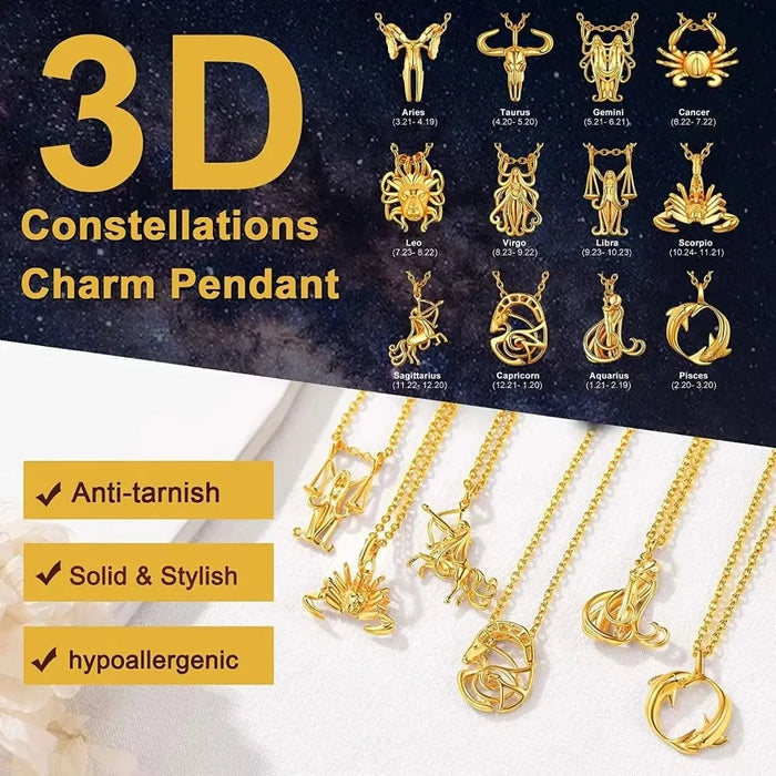 12 Horoscope Zodiac 18K Gold Plated 3D Charm Pendant Necklaces On Sale