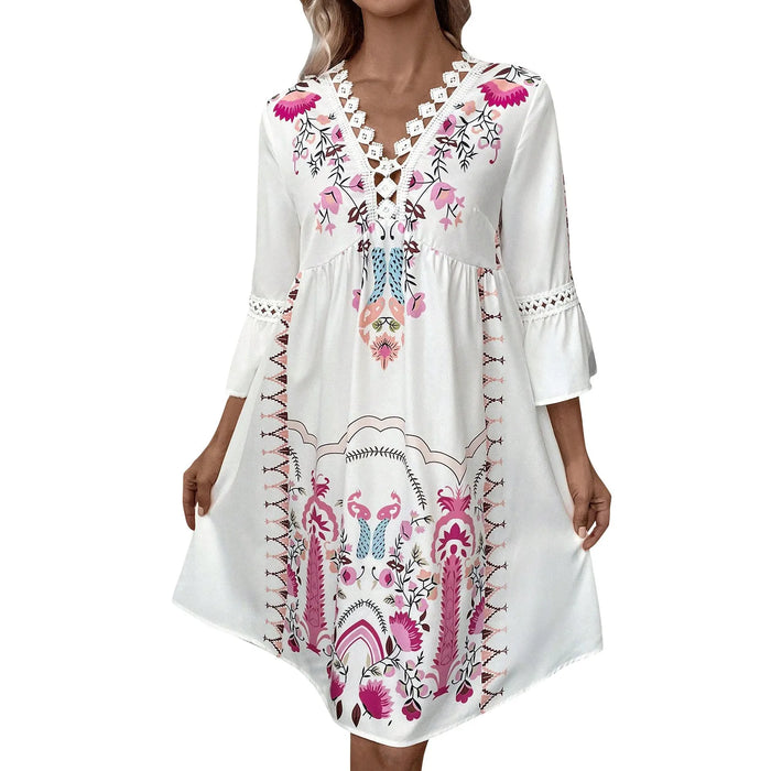 Hot Pink Bohemian Style Floral Printed Sleeve Lace Dress On Sale