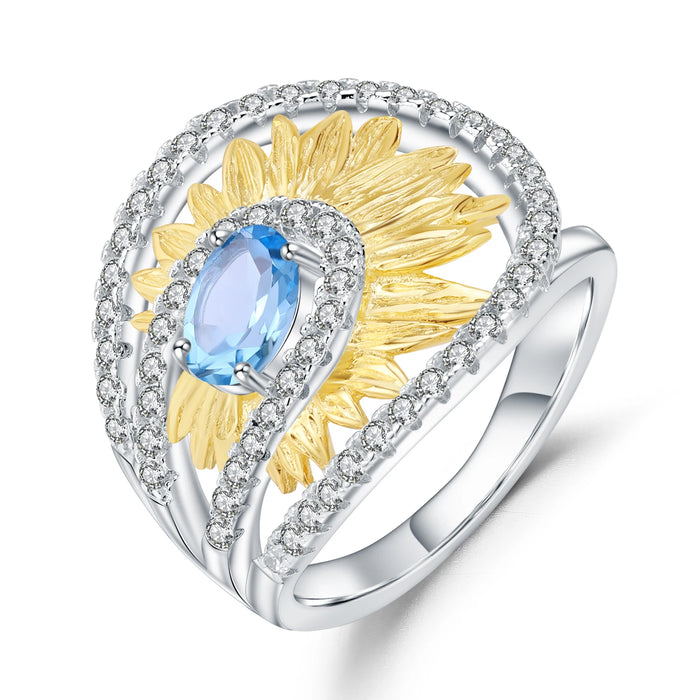 925 Sterling Silver 0.86Ct Natural Swiss Blue Topaz Handmade Sunflower Ring On Sale