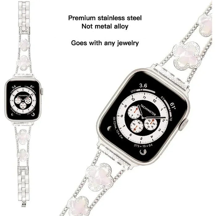 Cloverleaf Diamond Women Stainless Steel Apple Watch Bracelet For Ultra, 49mm, 46mm, 45mm, 44mm, 42mm, 41mm, 40mm, 38mm On Sale