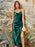Green Satin Draped Neckline Tie Shoulder Straps High Slit Figure-skimming Evening Midi Dresses On Sale