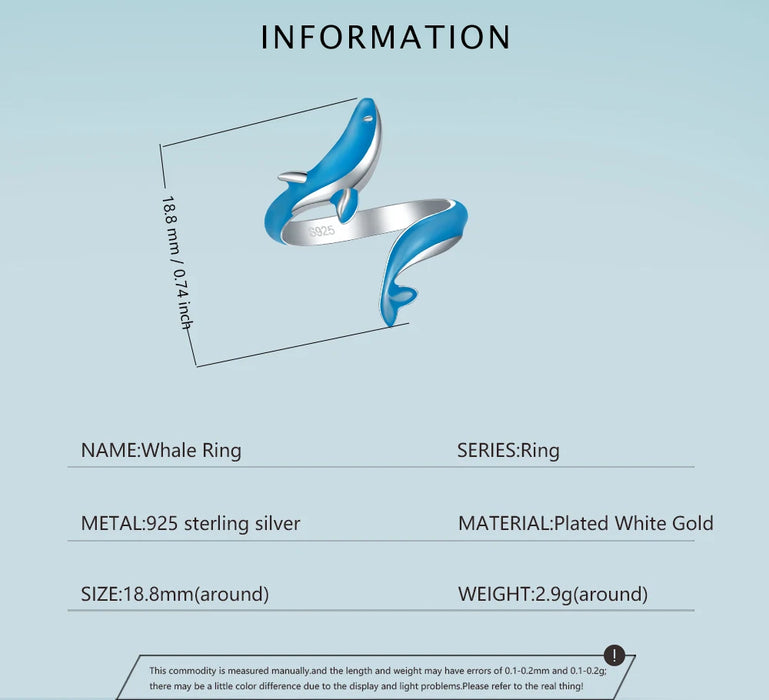 925 Sterling Silver White Gold Plated Glow-in-the-dark Enamel Whale Adjustable Rings On Sale