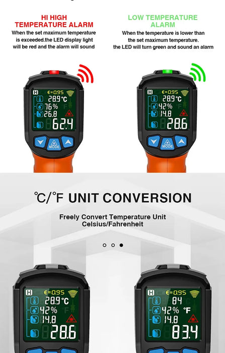 Handheld Non Contact Digital Infrared Thermometer Laser Point Temperature Reader With Humidity and Dew Point Display On Sale
