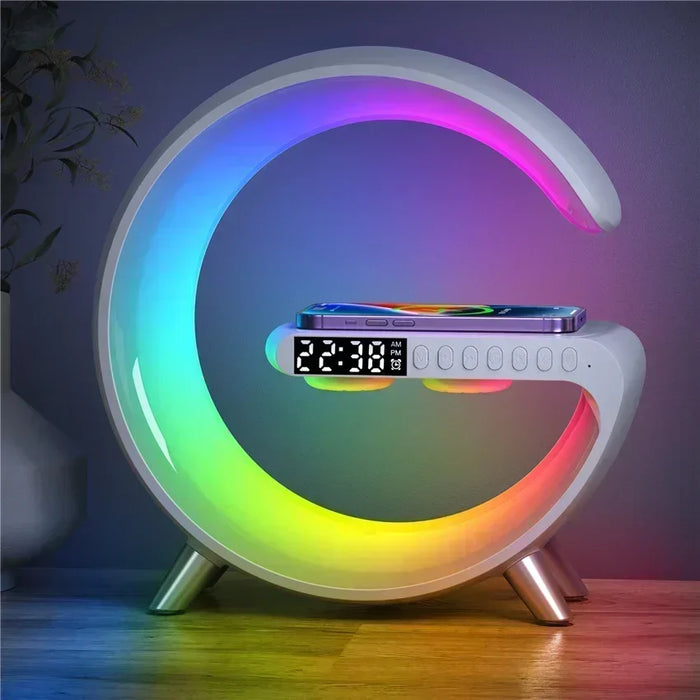 Smart Wireless Phone Charger with Bluetooth 5.0 Dual Speakers LED Alarm Clock and Atmosphere Night Light Lamp On Sale