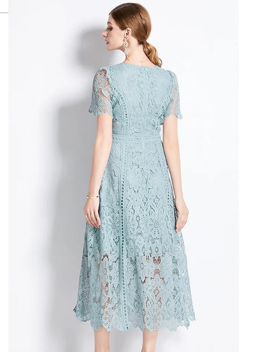 Elegant Vintage Style Green Lace Hollow Out Short Sleeve Long Dress On Sale