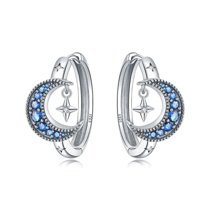 925 Sterling Silver Dreamy Celestial Elegance Star & Blue Moon Hoop Earrings On Sale 