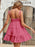 Women's Jacquard Dots Texture Drop-Waist Tie Shoulder Straps Square Neck Hot Pink Lace Loose Mini Dresses On Sale