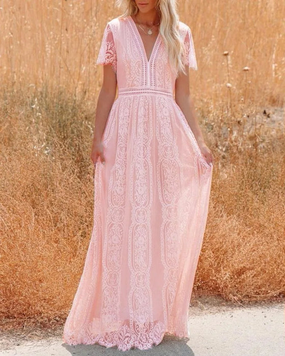 Bohemian Style Deep-V Short Sleeves Floral Lace Maxi Dress On Sale