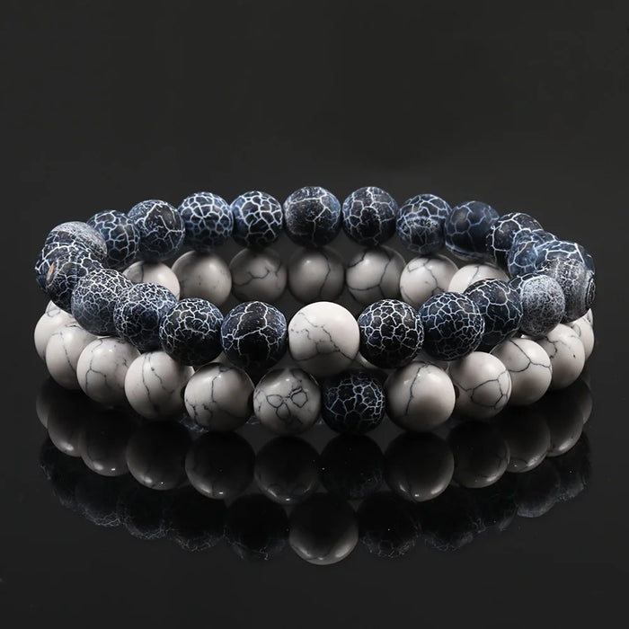 1 Set Black Weathered Stone And White Howlite Couple Bracelets On Sale