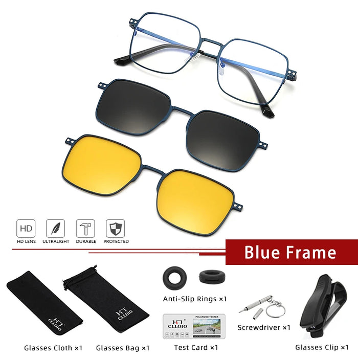 3 in 1 Lightweight Titanium Blue Frame Eyeglasses With Magnetic Clip Polarized Sunglasses Set On Sale