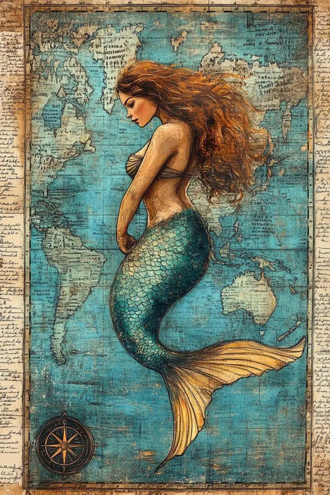 Mermaid Illustration Artwork - Vintage Marine Life Canvas Print Nautical Treasure Map Wall Decor Ocean Theme Poster On Sale
