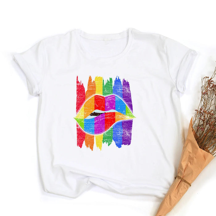 Rainbow Lip Print Retro Graphic T-shirt On Sale