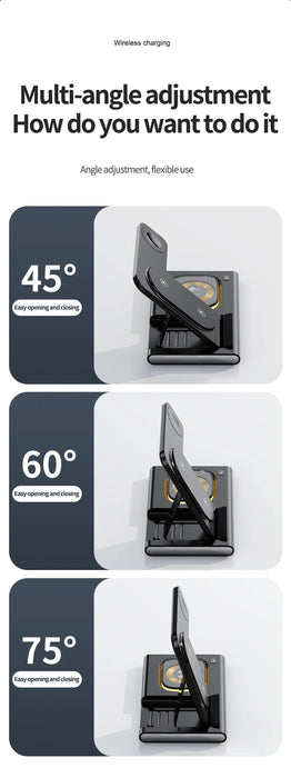 Foldable wireless charging stand with multi-angle adjustment phone holder