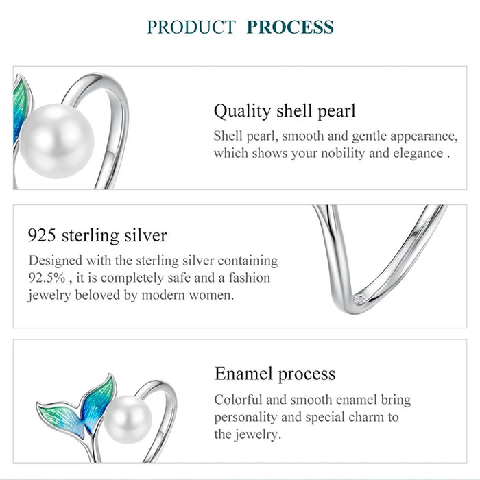 925 Sterling Silver Enamel Mermaid Tail And Pearl Adjustable Ring On Sale