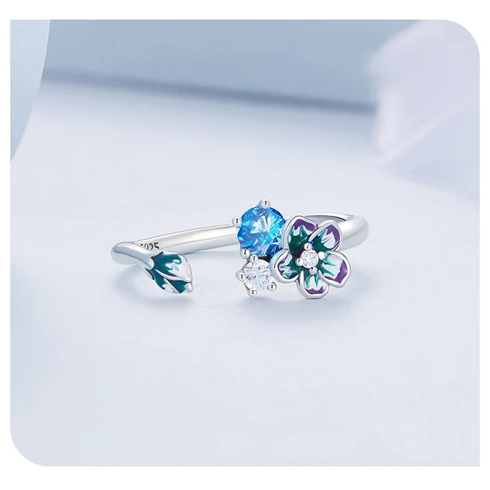 925 Sterling Silver Enamel Flower Adjustable Open Ring With Zircon On Sale