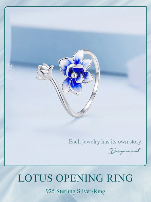 925 Sterling Silver Enamel Flower Adjustable Open Ring With Zircon On Sale