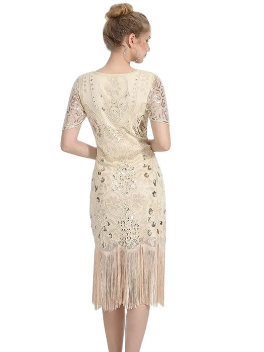 1920s Gatsby Style V-Neck Petal Sleeves Embroidery Sequin Fringe Flapper Midi Dress On Sale