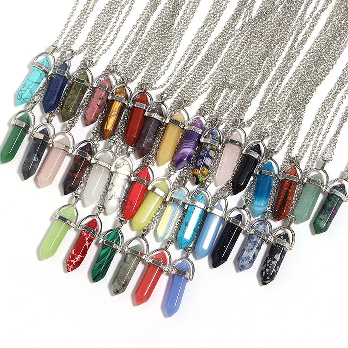 Natural Quartz Crystal Hexagonal Pillar Bullet Pendant Necklaces On Sale