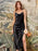 Black Satin Draped Neckline Tie Shoulder Straps High Slit Figure-skimming Evening Midi Dresses On Sale