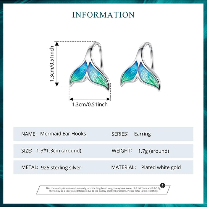 925 Sterling Silver Plated White Gold Enamel Whale Mermaid Tail Earrings On Sale