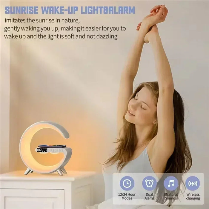 Smart Wireless Phone Charger with Bluetooth 5.0 Dual Speakers LED Alarm Clock and Atmosphere Night Light Lamp On Sale