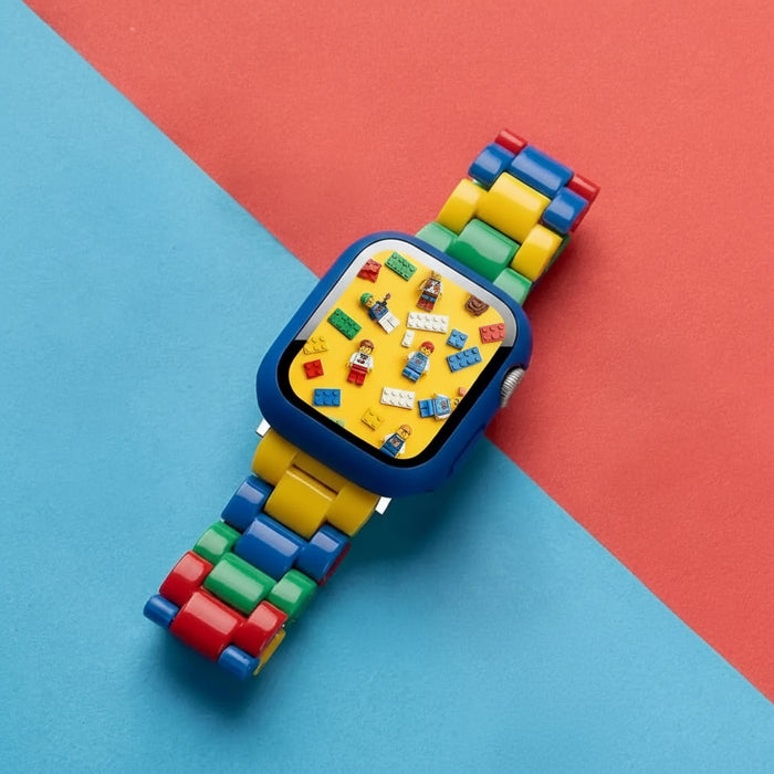 Colourful brick-style resin watch band with blue protective case compatible with Apple Watch 38mm–49mm on sale