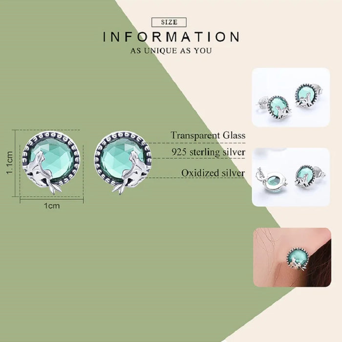 925 Sterling Silver Mermaid Light Green Glass Moon Stud Earrings On Sale