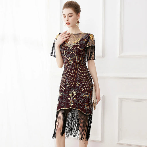 1920s Vintage Gatsby Style Red Semi-Sheer Lace Sleeve Sequin Fringed Flapper Cocktail Party Dresses On Sale