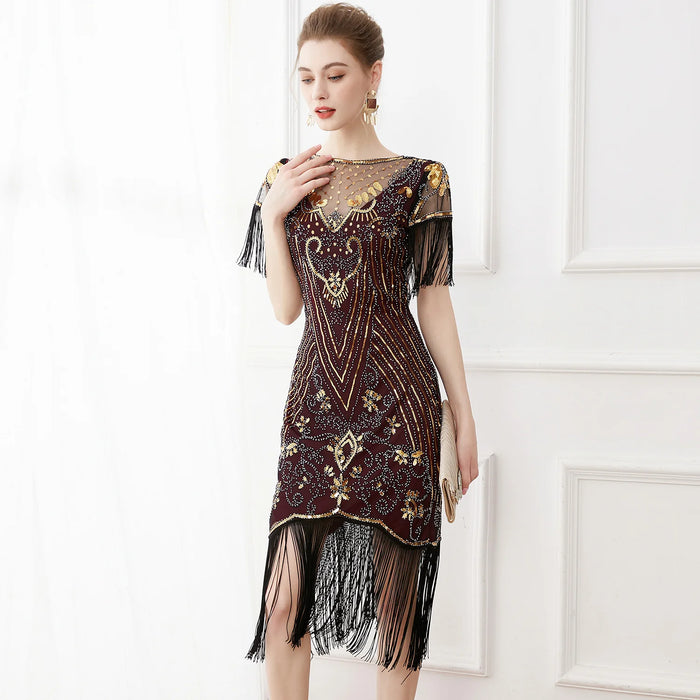 1920s Vintage Gatsby Style Red Semi-Sheer Lace Sleeve Sequin Fringed Flapper Cocktail Party Dresses On Sale
