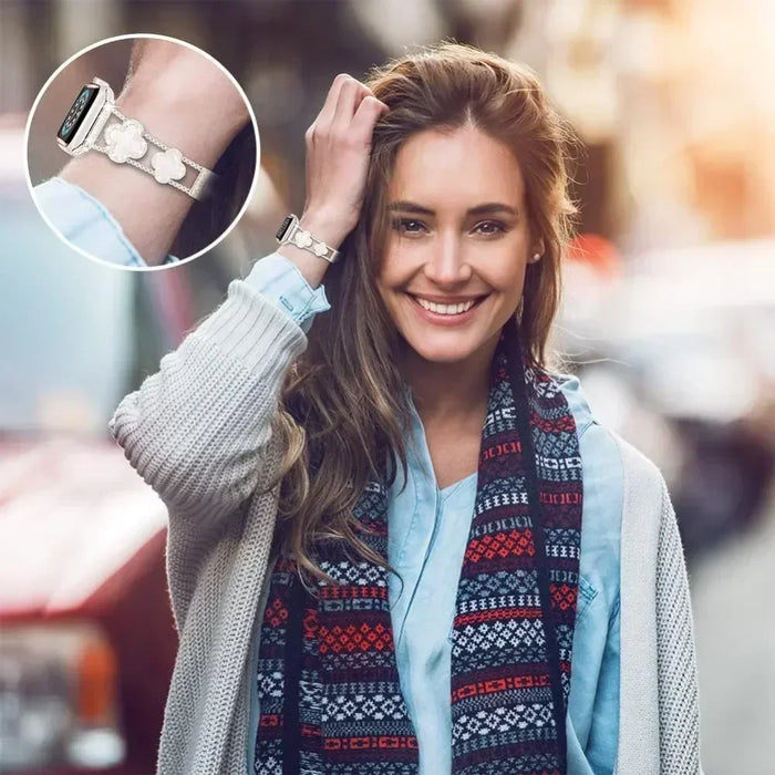 Cloverleaf Diamond Women Stainless Steel Apple Watch Bracelet For Ultra, 49mm, 46mm, 45mm, 44mm, 42mm, 41mm, 40mm, 38mm On Sale