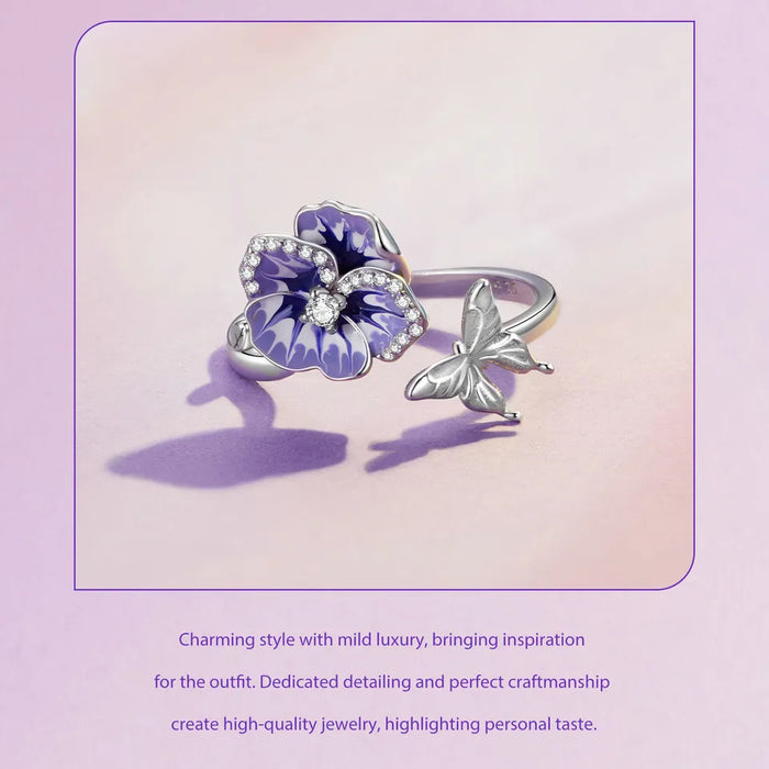 925 Sterling Silver Butterfly And Purple Pansy Flower Open Rings On Sale