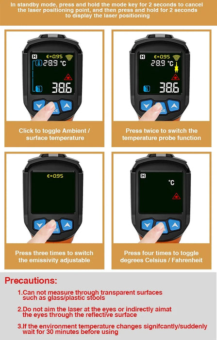Handheld Non Contact Digital Infrared Thermometer Laser Point Temperature Reader With Humidity and Dew Point Display On Sale