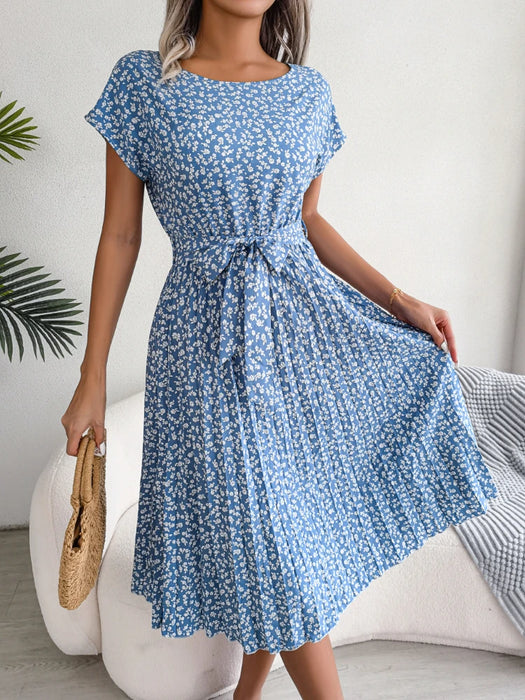 Light Blue Floral Printed A-Line Vintage Style Chiffon Temperament Dress On Sale