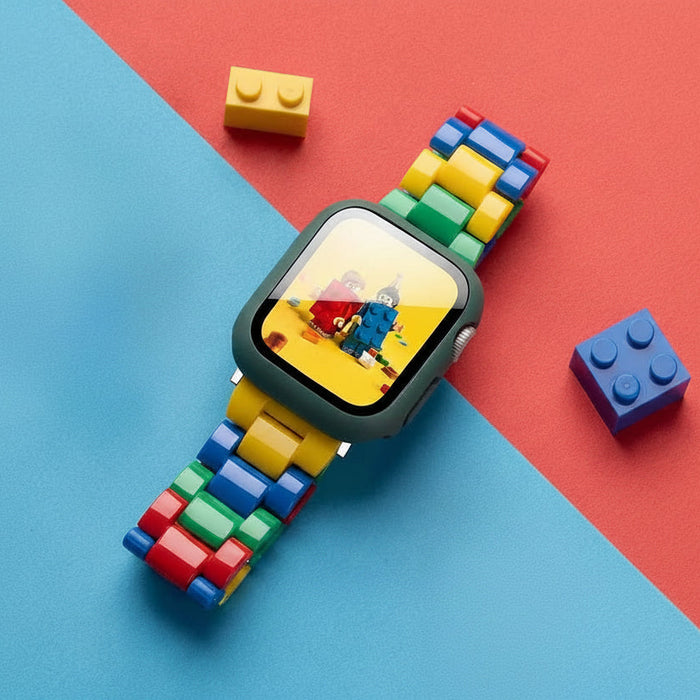Colourful brick-style resin watch band with green protective case compatible with Apple Watch 38mm–49mm on sale