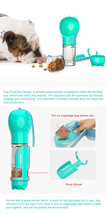 Multifunctional Pet Water Bottle With Food Feeder, Waste Bag, And Poop Shovel On Sale