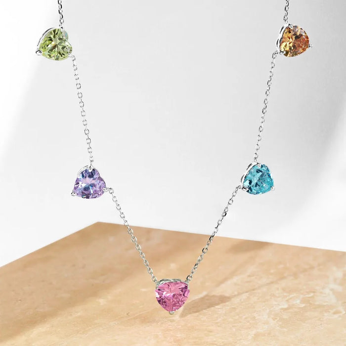 Genuine Platinum Plated S925 Multicolored CZ Gemstone Hearts Pendant Necklace
