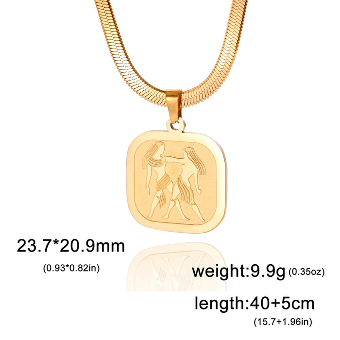 12 Constellation Gemini Zodiac Square Medallion Pendant Snake Chain Necklaces On Sale