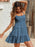 Women's Jacquard Dots Texture Drop-Waist Tie Shoulder Straps Square Neck Blue Lace Loose Mini Dresses On Sale
