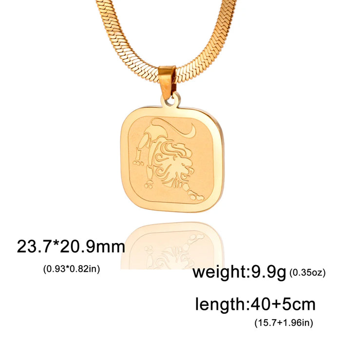 12 Constellation Leo Zodiac Square Medallion Pendant Snake Chain Necklaces On Sale
