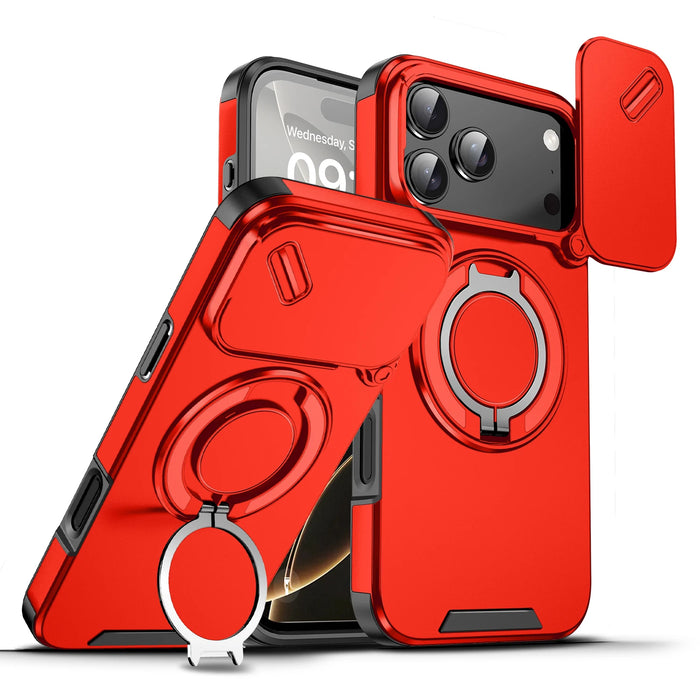 iPhone Magnetic Ring Stand Red Armor Case With Camera Protection Slide Cover For iPhone 17, 16, 15, 14, 13 Series On Sale