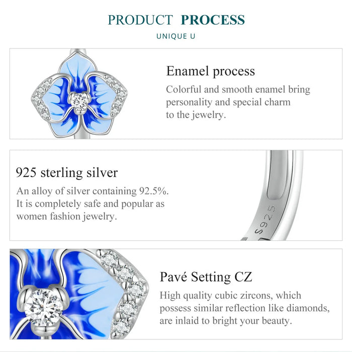 925 Sterling Silver Blue Enamel Butterfly Orchid Hoop Earrings On Sale