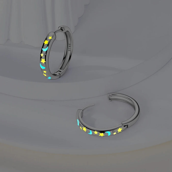 Glow In The Dark 925 Sterling Silver Star Moon Round Huggie Hoop Earrings With Zircon Accents On Sale