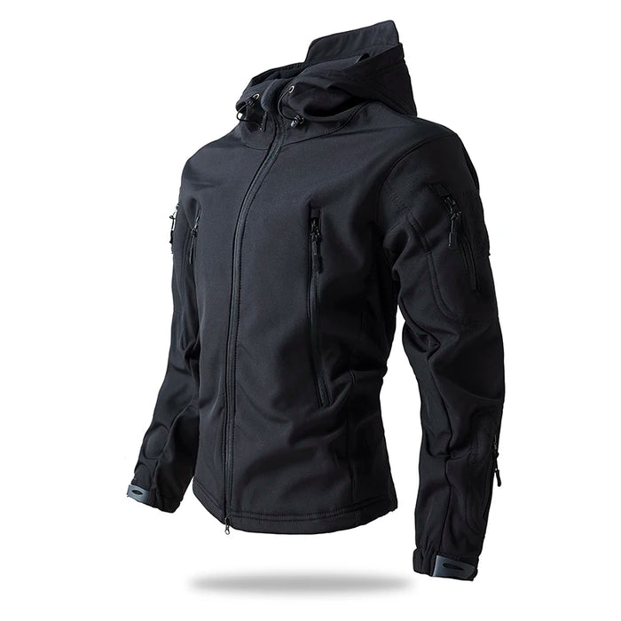 Black Men’s Waterproof Softshell Jacket with Fleece Lining – Hooded Outdoor Coat On Sale