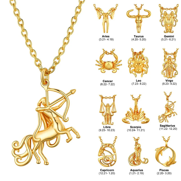 12 Horoscope Zodiac 18K Gold Plated 3D Charm Pendant Necklaces On Sale
